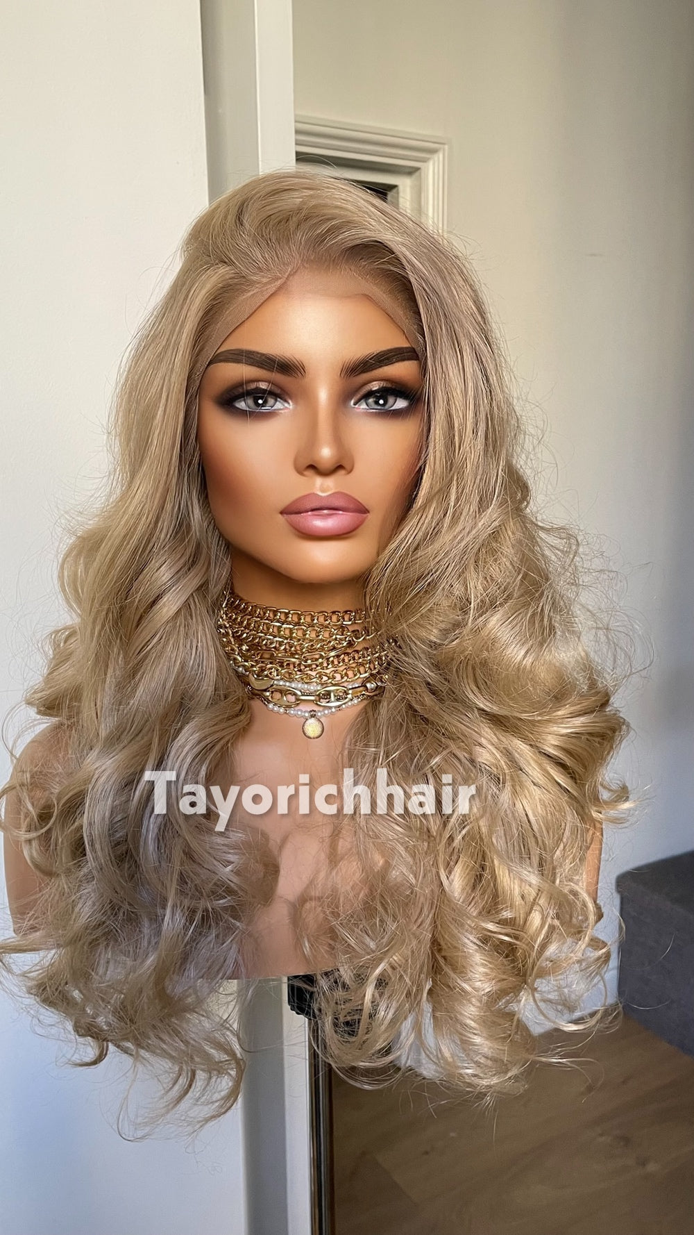 Natural Ash Blonde Spiral Curly Wig | 16” Heat Safe Synthetic Lace Front Wig | 13x6 Transparent Lace | Free Part | Vintage Hollywood Elegance | Tayorichhair