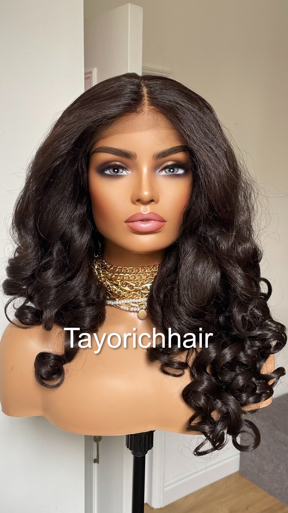 Brownish Black Bouncy Curly Hair Lace Frontal Wig/Heat Friendly Synthetic Wigs For Women/Full Big Bouncy Yaki Hair Wig By Tayorichhair