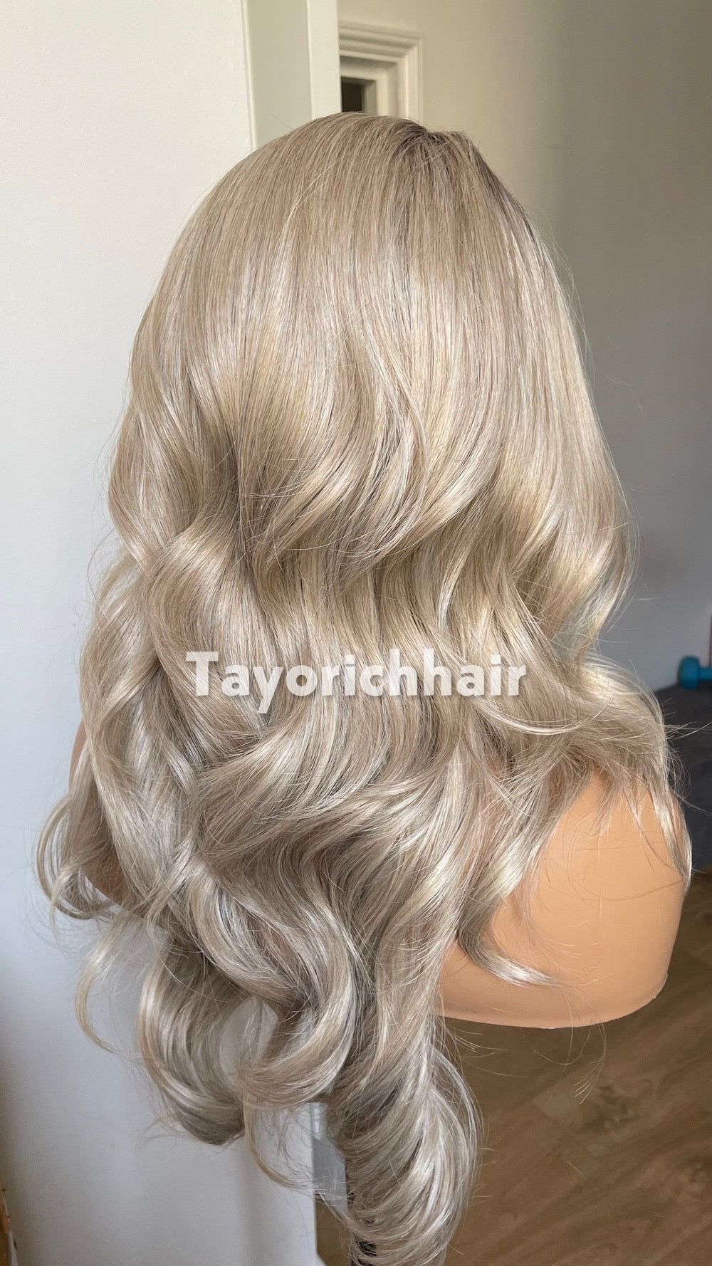 Ash Blonde Wig Lace Front Wig; Dark Roots, Highlights, Wavy Hair, Layered