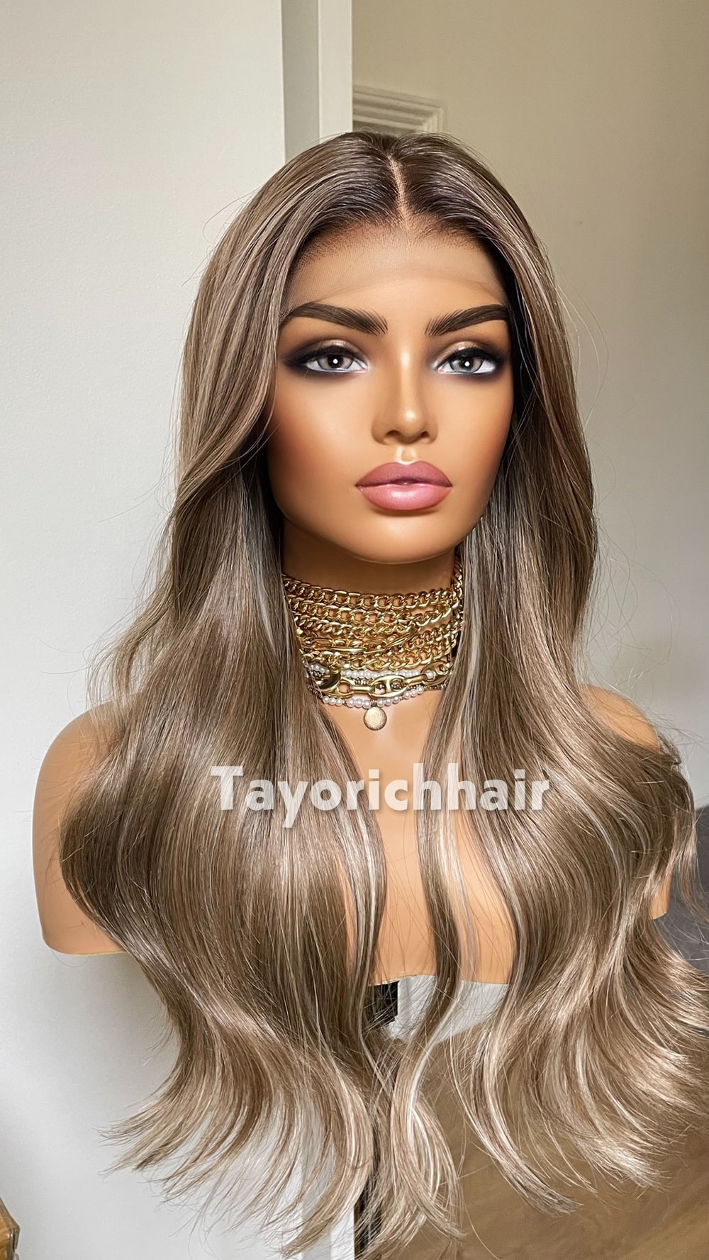 Dark Ash Brown 22” Wavy Wig | Platinum Highlights & 13x4 Lace
