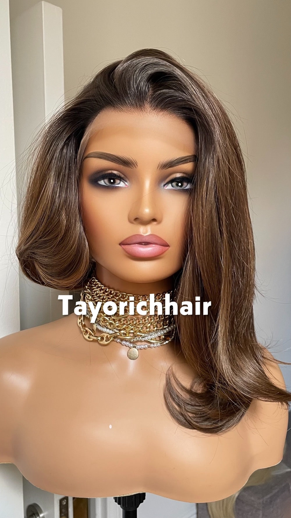 Brown 14-Inch Bob Wig With Highlights; Black Roots, 13by6 Lace Synthetic Wig