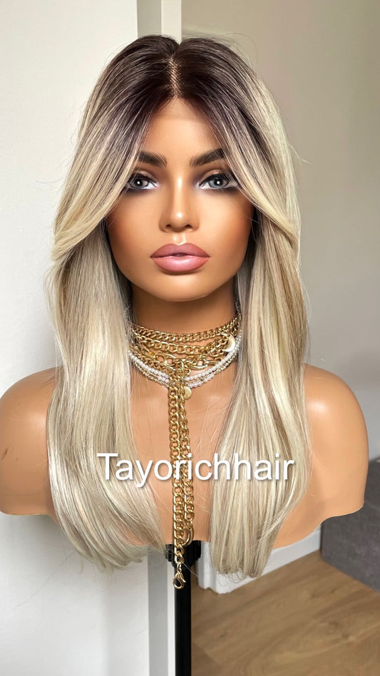 Mixed Blonde Short Wig With Dark Roots/13 By 6 Lace Frontal Wig/Heat Friendly Synthetic Straight Hair Wig In 16 Inches/Tayorichhair Wigs