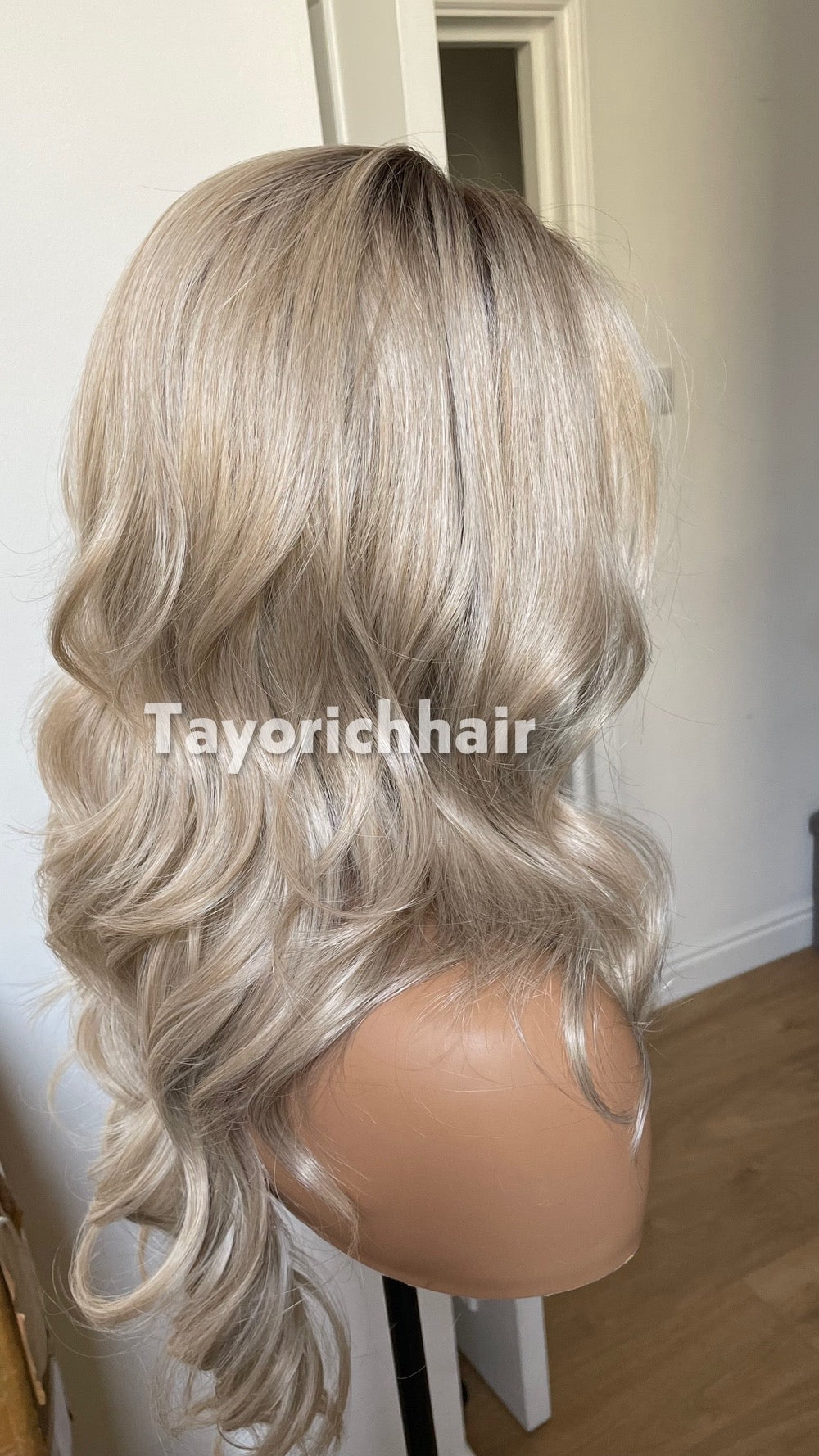 Ash Blonde Wig Lace Front Wig; Dark Roots, Highlights, Wavy Hair, Layered