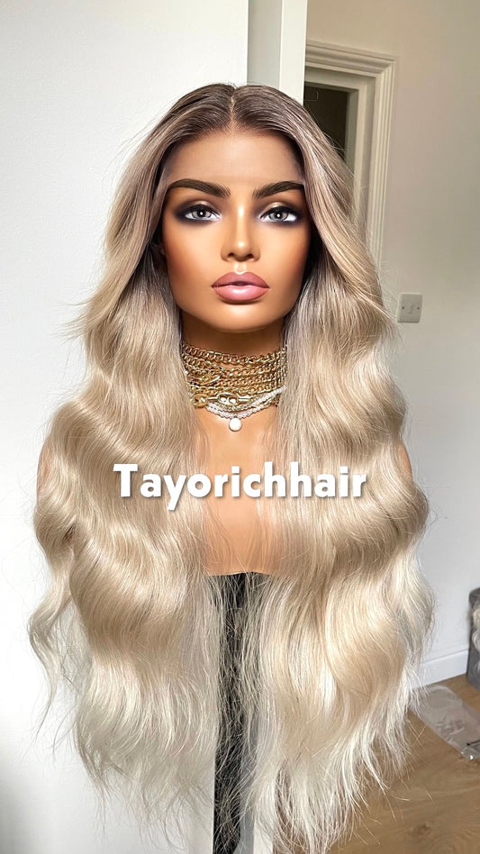 Hollywood Pearl Blonde Lace Wig- Rooted Blonde Celebrity Hairstyle Wigs-Long Elegant Wavy Hair Wig-Pearl Blonde Women Wigs By Tayorichhair