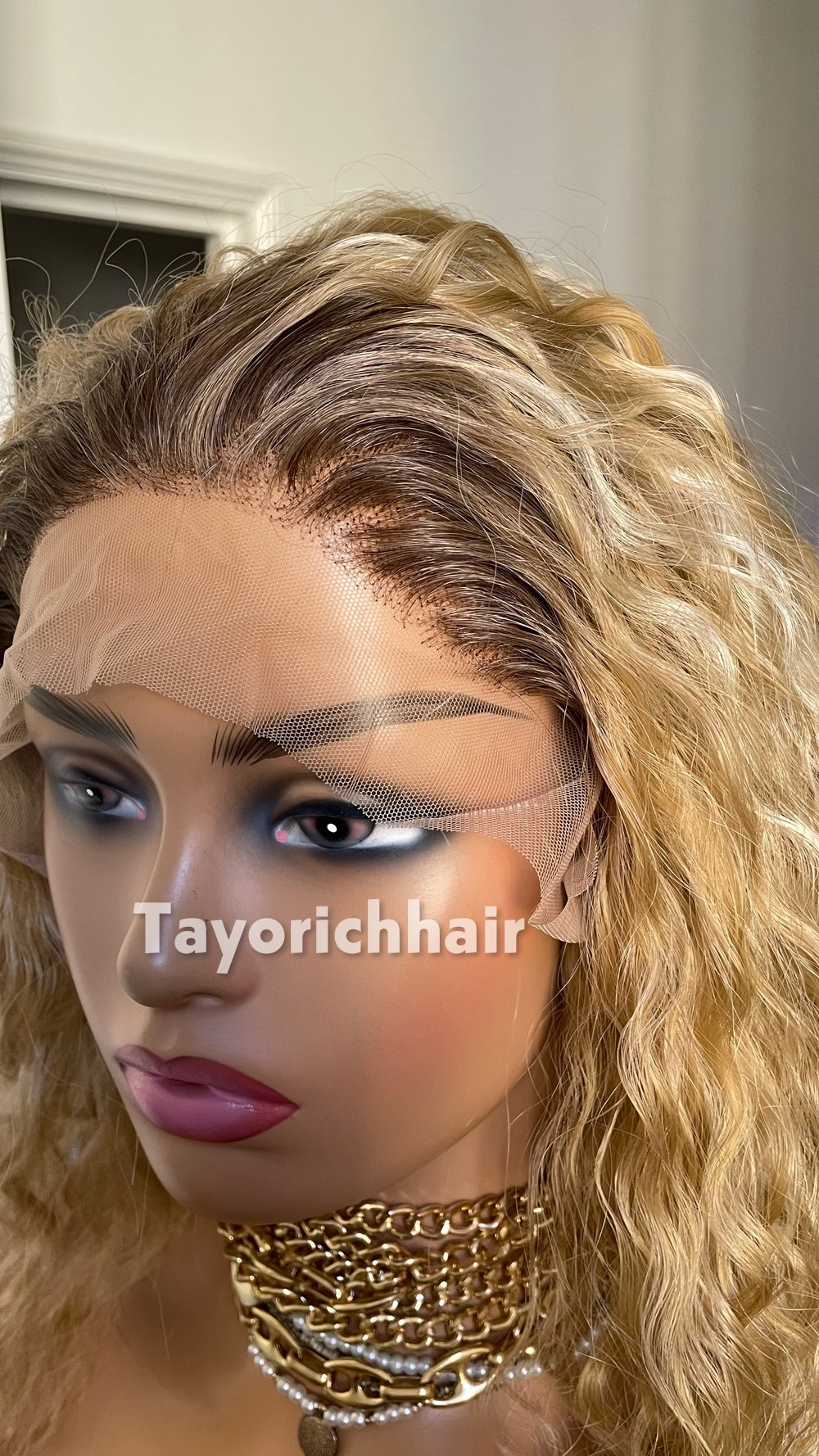 Strawberry Blonde Beach Curly Wig | 22” Layered Heat Safe Synthetic Wig | Blonde Streaks & Dark Roots | 13x3 Transparent Lace | Tayorichhair