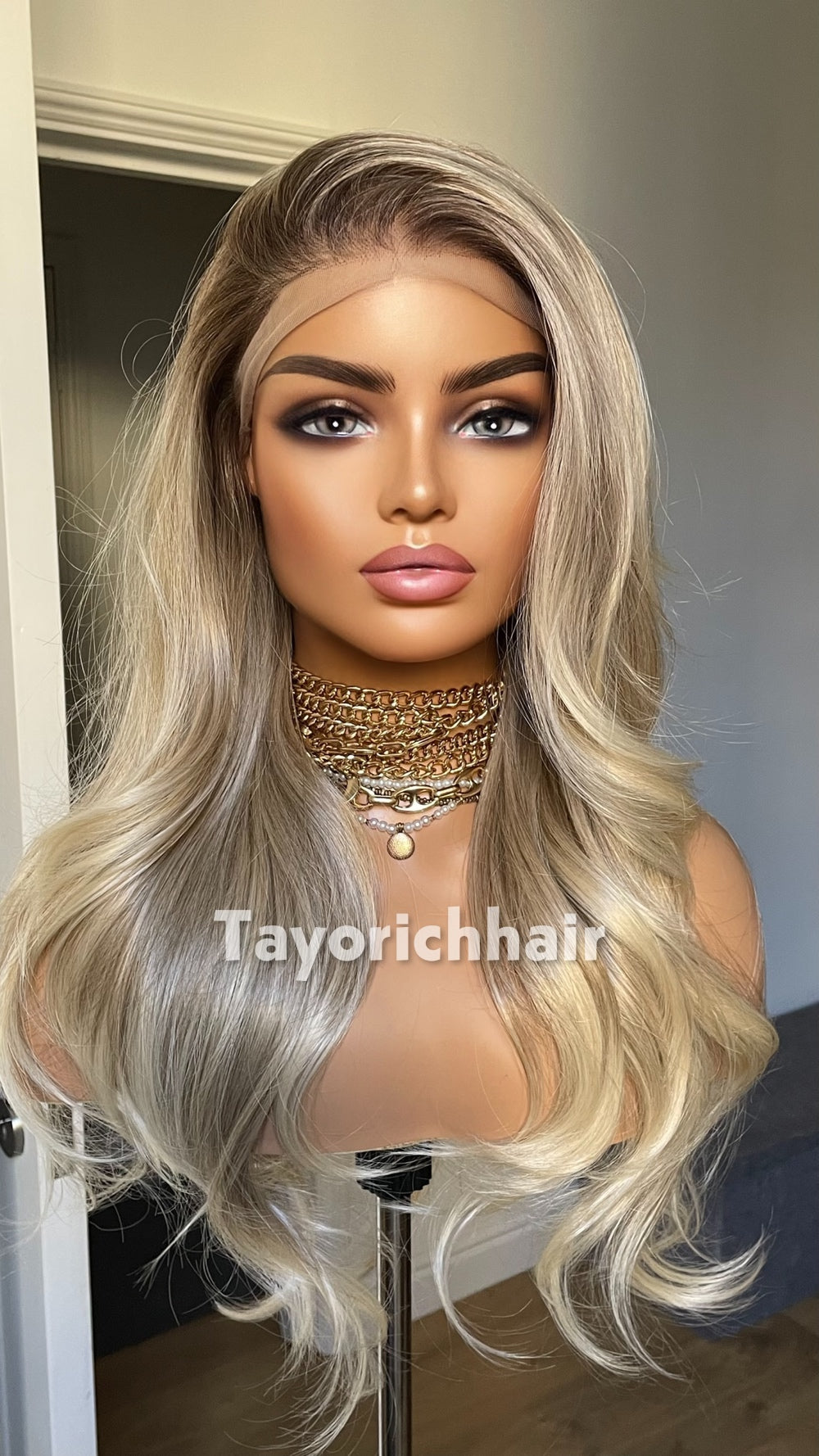 Medium Ash Blonde Wig with Soft Highlights | 22” Layered Wavy Lace Front Wig | Natural Looking Glueless Wig | Tayorichhair