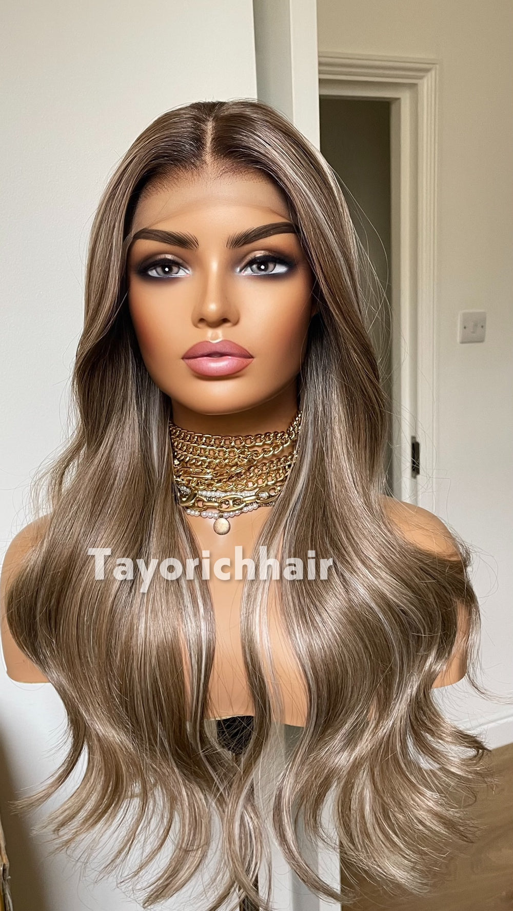 Dark Ash Brown 22” Wavy Wig | Platinum Highlights & 13x4 Lace