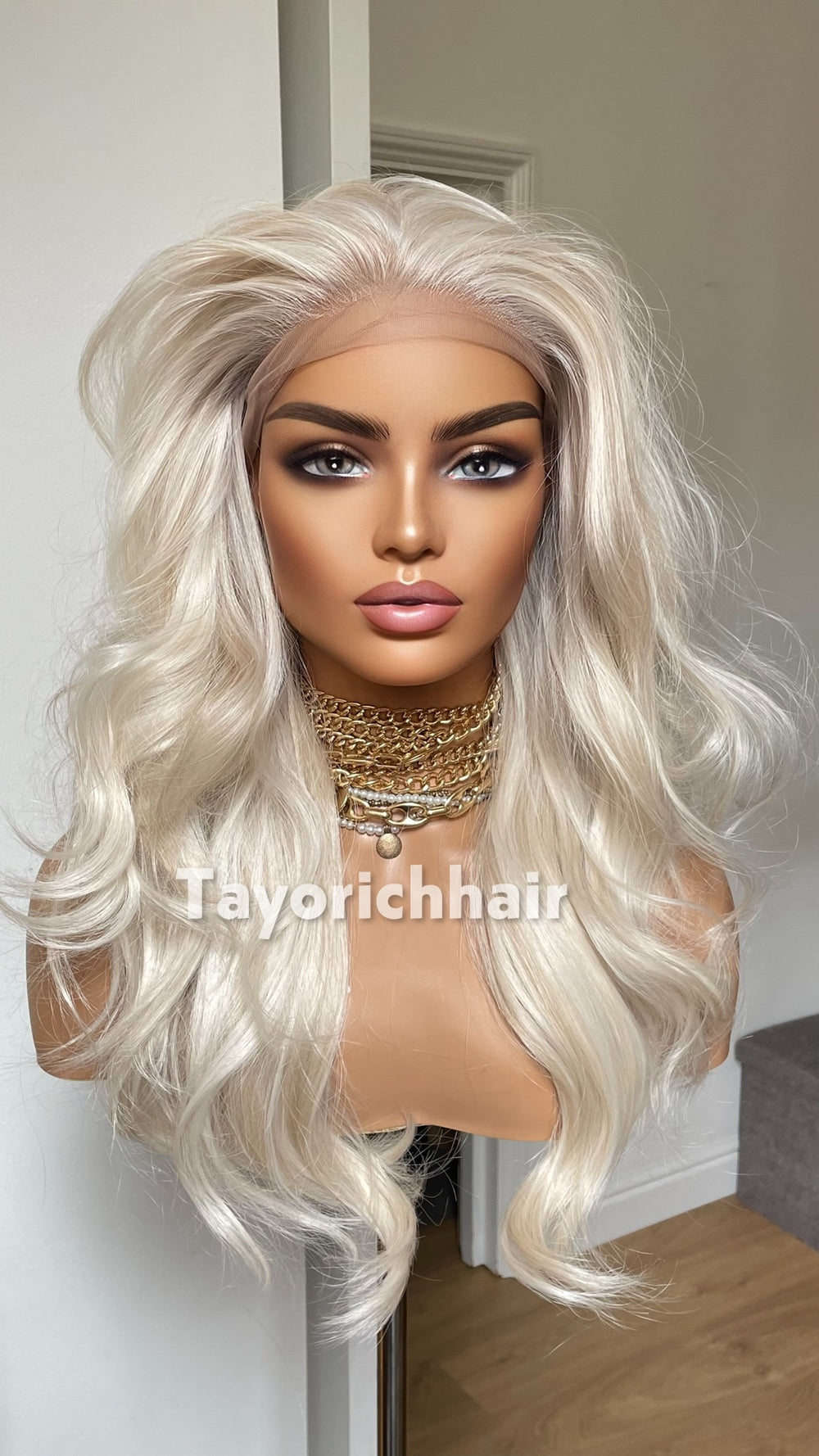 Tayorichhair Premium 16" Heat-Safe Synthetic Hair Wig – Platinum Blonde with Mild Lowlights, Pre-Plucked 13x6 Deep Lace Front (Free Parting)