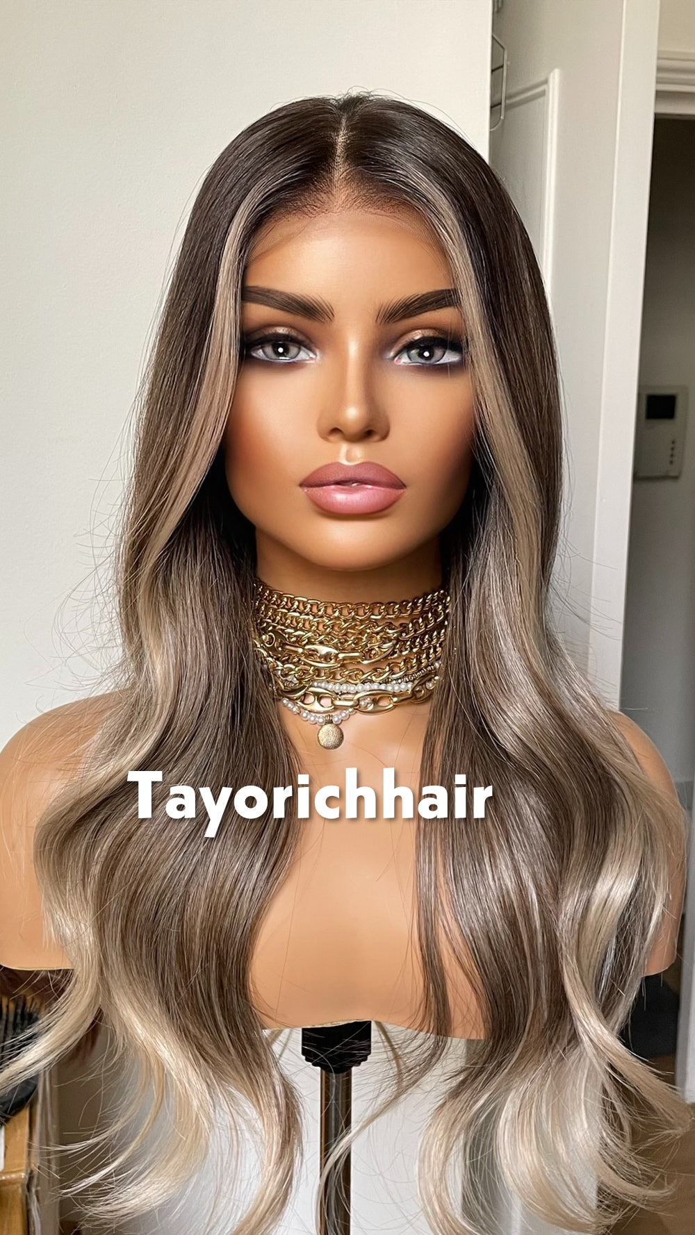 Tayorichhair 20" Dark Ash Blonde Wavy Synthetic Wig – 13x4 Transparent Lace, Glueless Money Piece Highlights (150% Density)