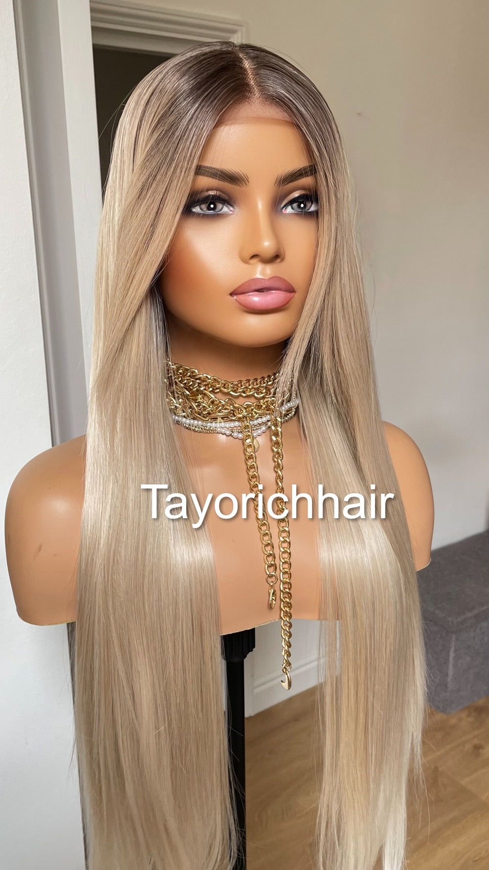 Rooted Pearl Blonde Heat Friendly Synthetic Lace Frontal Wig With 13 By 6 Wide Lace/ Straight Blonde Hair Wig Fror Women/Tayorichhair Wigs