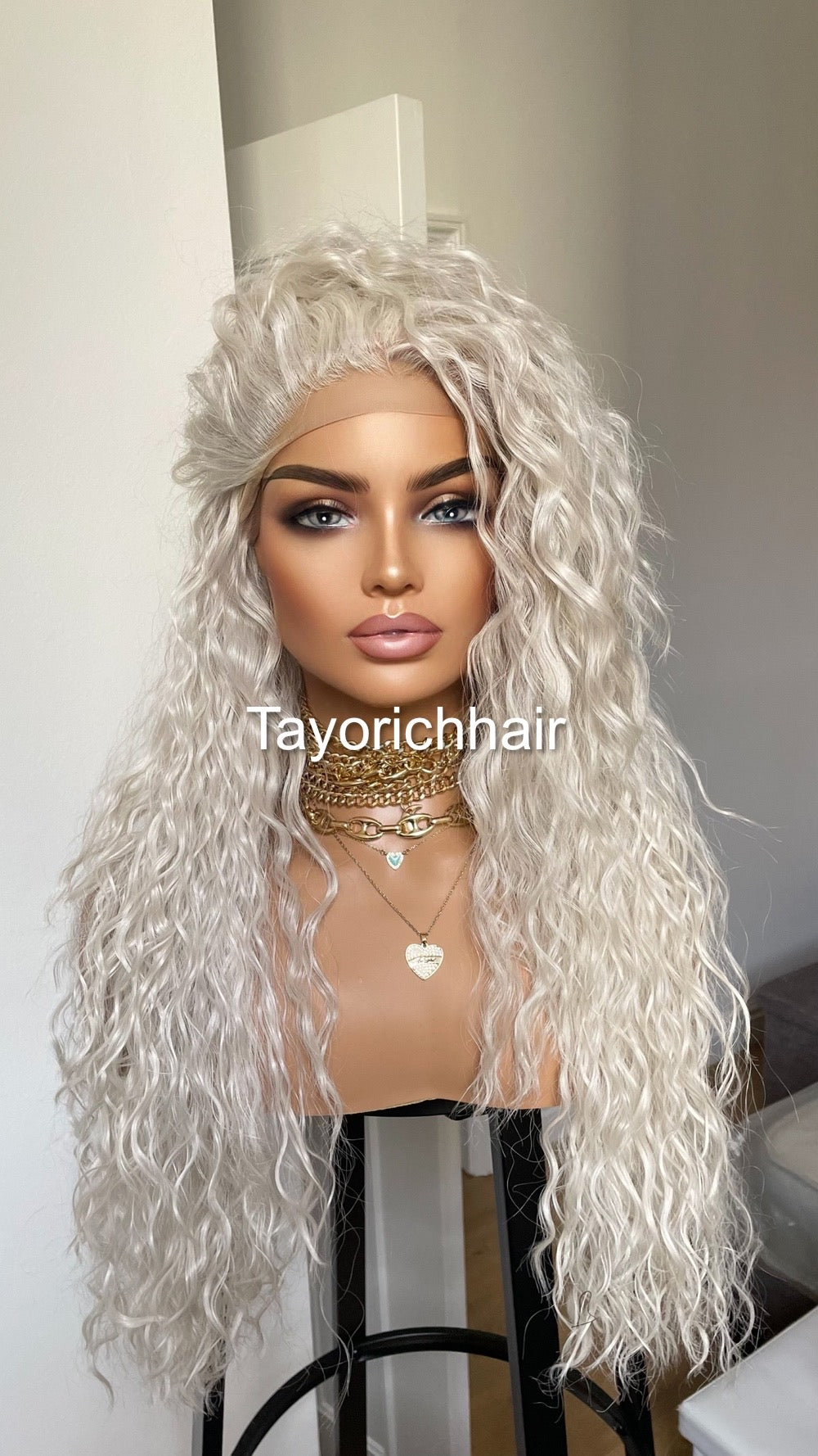 Curly Hair Lace Front Wig/Platinum White Synthetic Wig/Wigs For Small Heads/Light Weight Wig/Preplucked Realistic Hairline/White Blonde Wigs