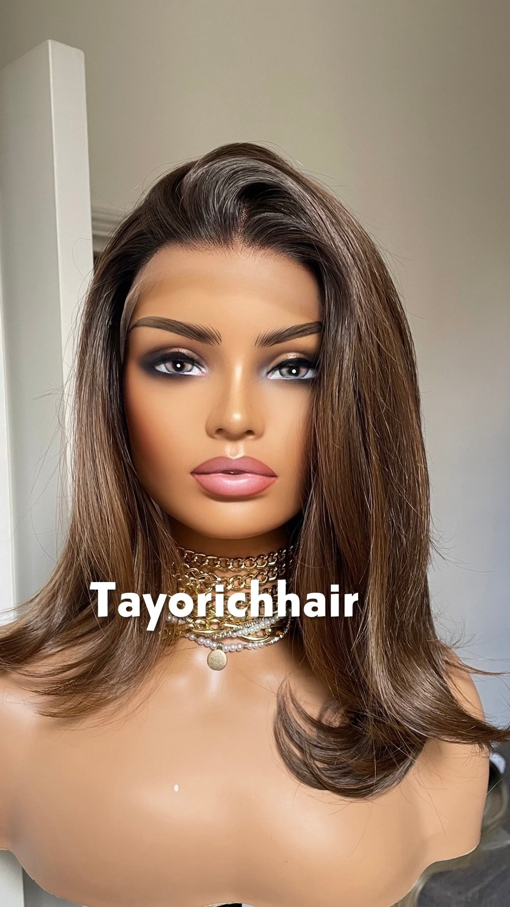 Brown 14-Inch Bob Wig With Highlights; Black Roots, 13by6 Lace Synthetic Wig