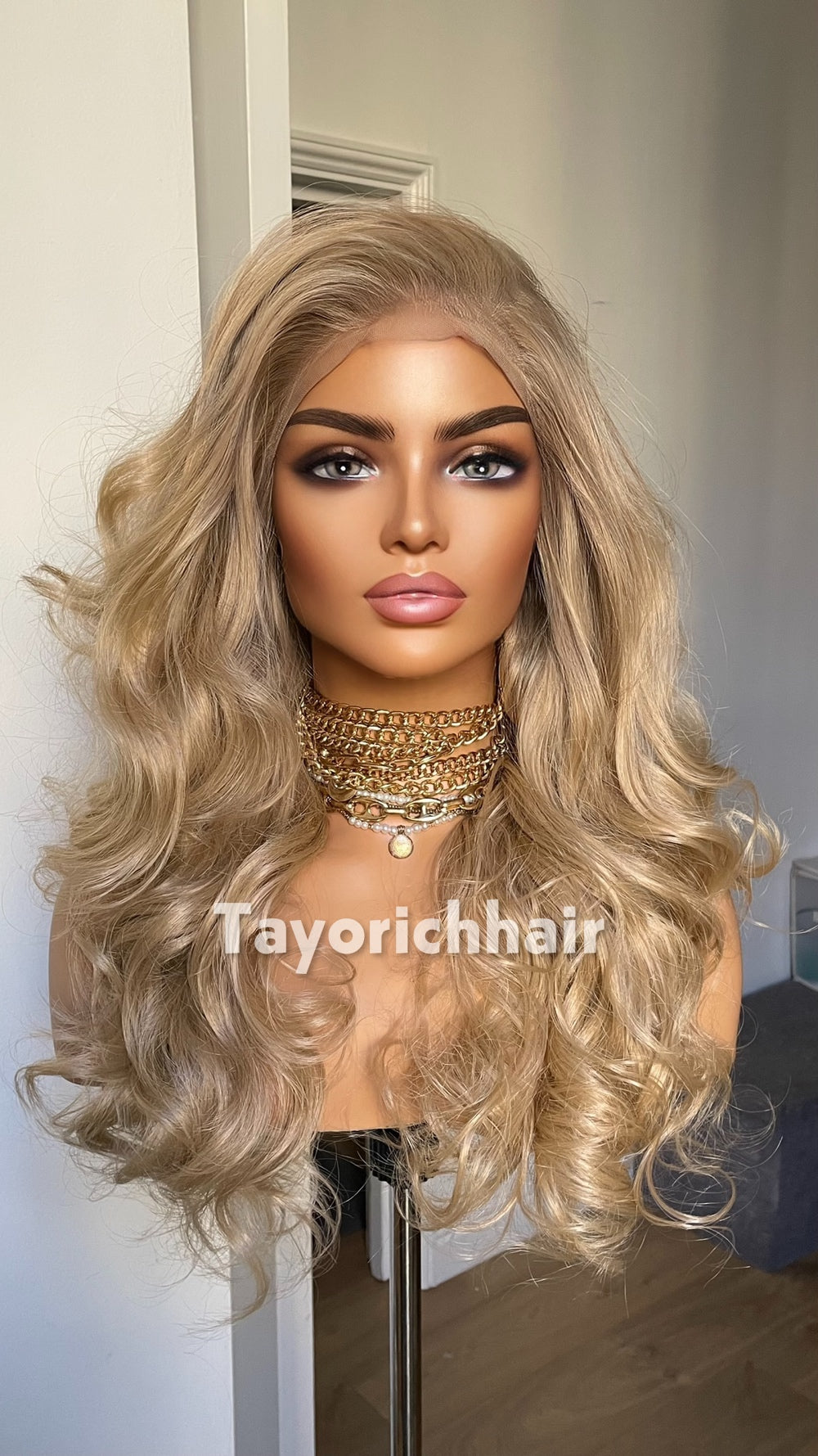 Natural Ash Blonde Spiral Curly Wig | 16” Heat Safe Synthetic Lace Front Wig | 13x6 Transparent Lace | Free Part | Vintage Hollywood Elegance | Tayorichhair