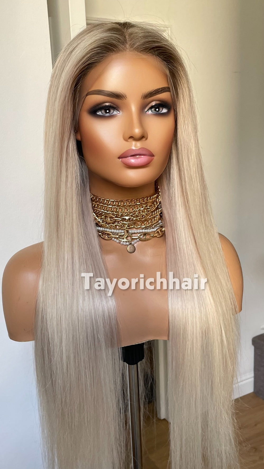 TayoRichHair 13x4 HD Lace Front Ash Platinum Blonde Straight Wig – 100% Human Hair (24 Inch, 200% Density, Dark Roots, Average Cap)