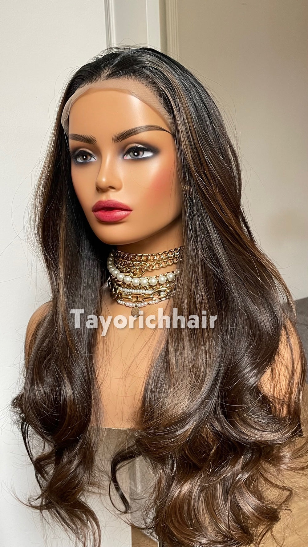 Dark Brown Highlighted Synthetic Lace Front Wig – 24 Inch, Glueless, Heat Safe
