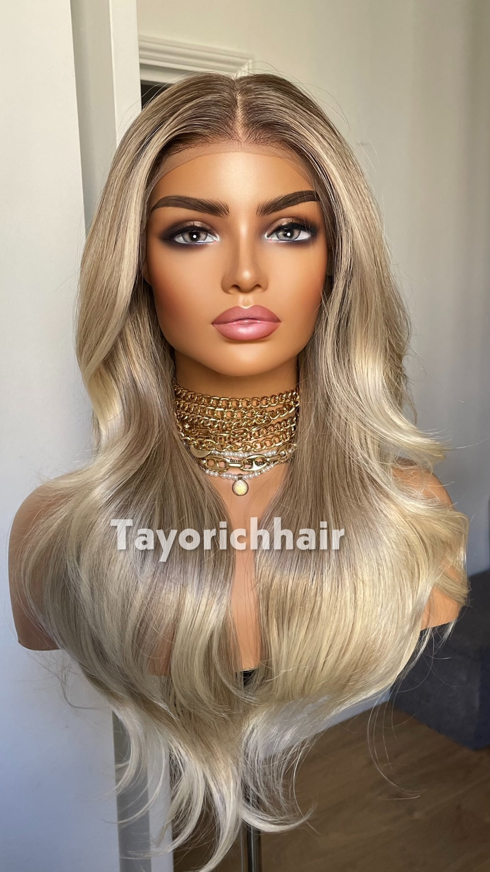 Medium Ash Blonde Wig with Soft Highlights | 22” Layered Wavy Lace Front Wig | Natural Looking Glueless Wig | Tayorichhair