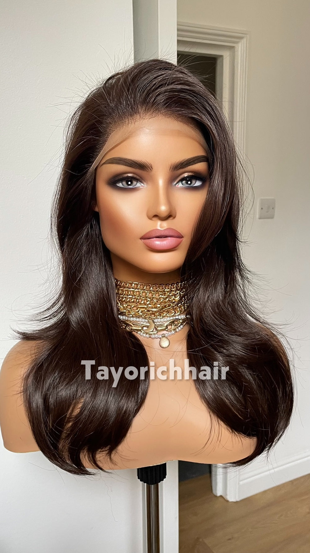 Dark Brown Heat Safe Synthetic Lace Front Wig | 16” Layered Bouncy Wave Wig | 13x6 Transparent Lace | Glueless | Tayorichhair