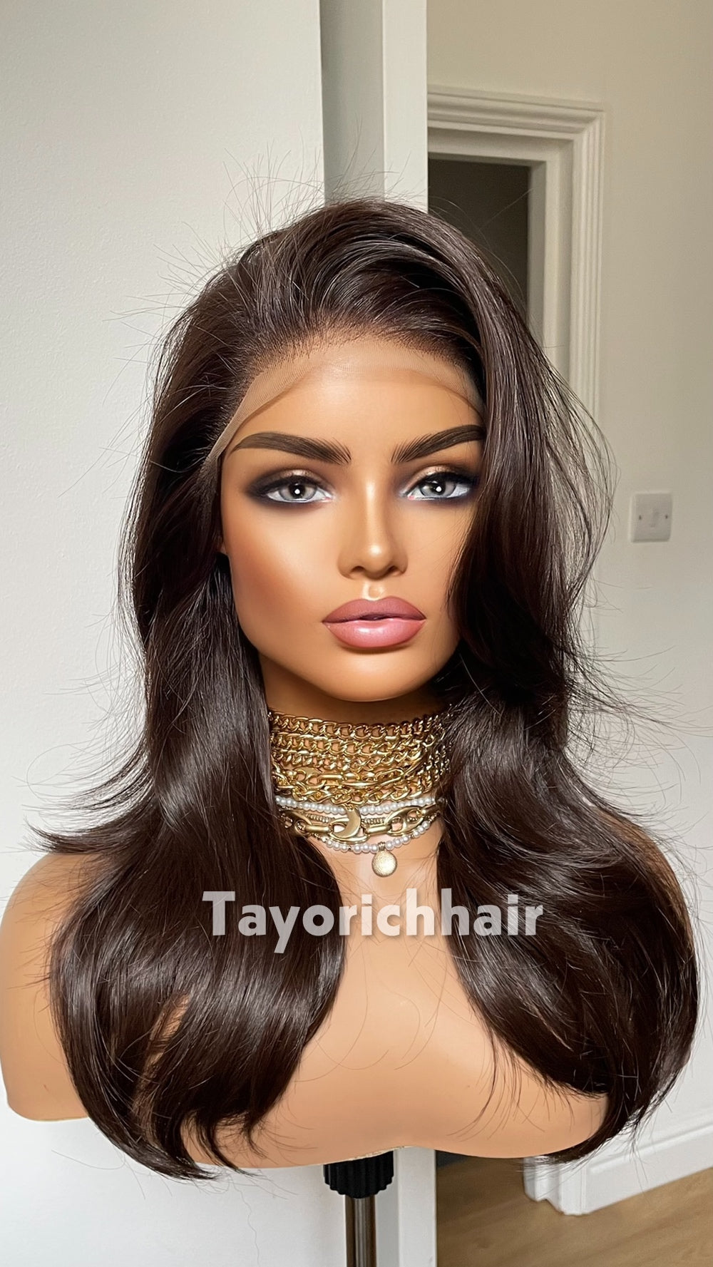 Dark Brown Heat Safe Synthetic Lace Front Wig | 16” Layered Bouncy Wave Wig | 13x6 Transparent Lace | Glueless | Tayorichhair