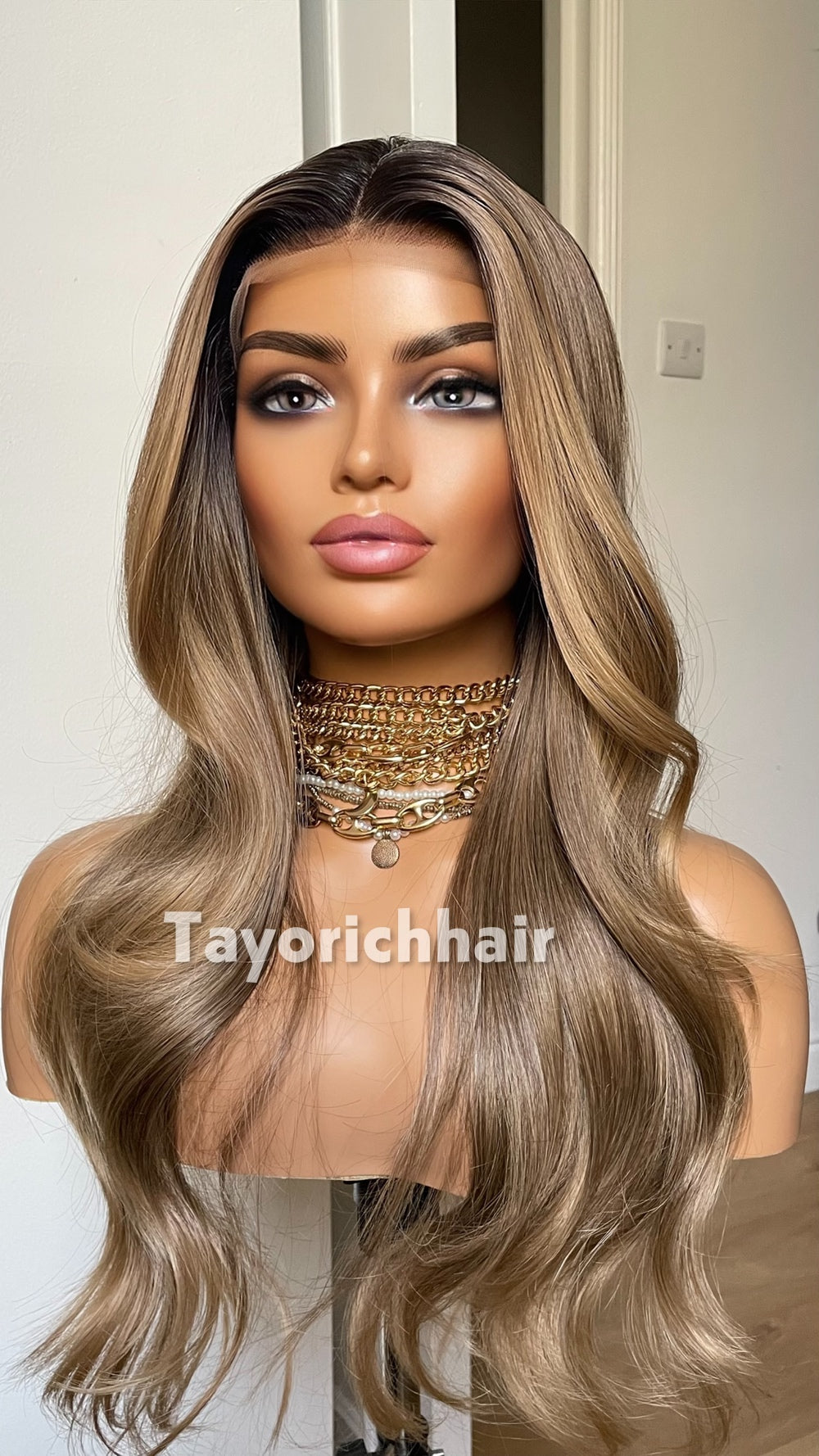 Dark Ash Brown Wig with Blonde Highlights & Black Roots | 20” Wavy
