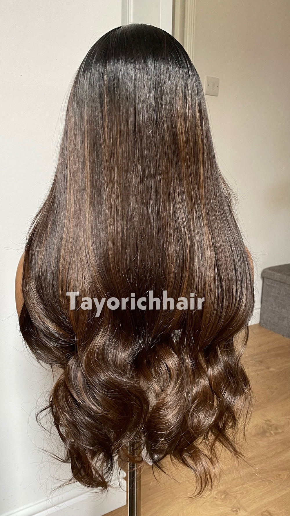 Dark Brown Highlighted Synthetic Lace Front Wig – 24 Inch, Glueless, Heat Safe