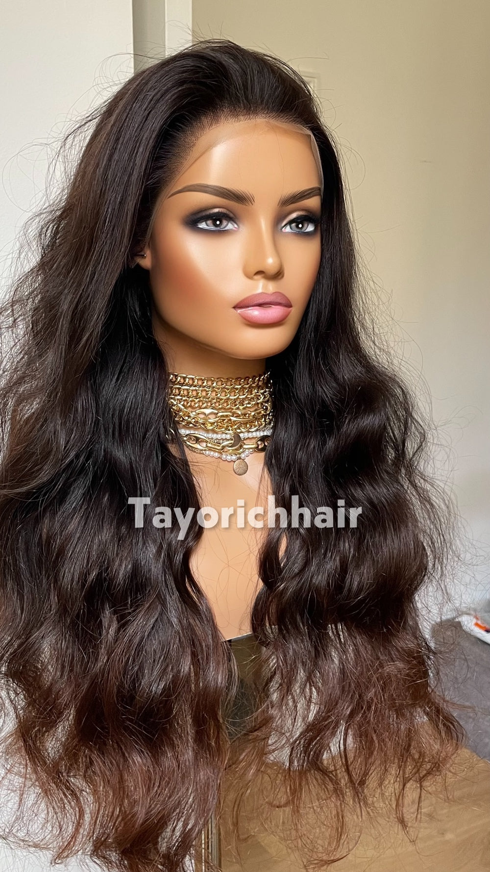 Ombre Black to Brown Human Hair Lace Front Wig | 24” Wavy HD Lace Wig | 13x4 Glueless Wig | 100% Human Hair | Tayorichhair