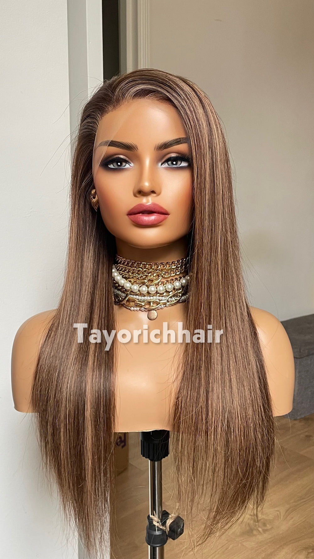 18-Inch Dark Brown & Blonde Human Hair Wig – 13x4 HD Lace Frontal
