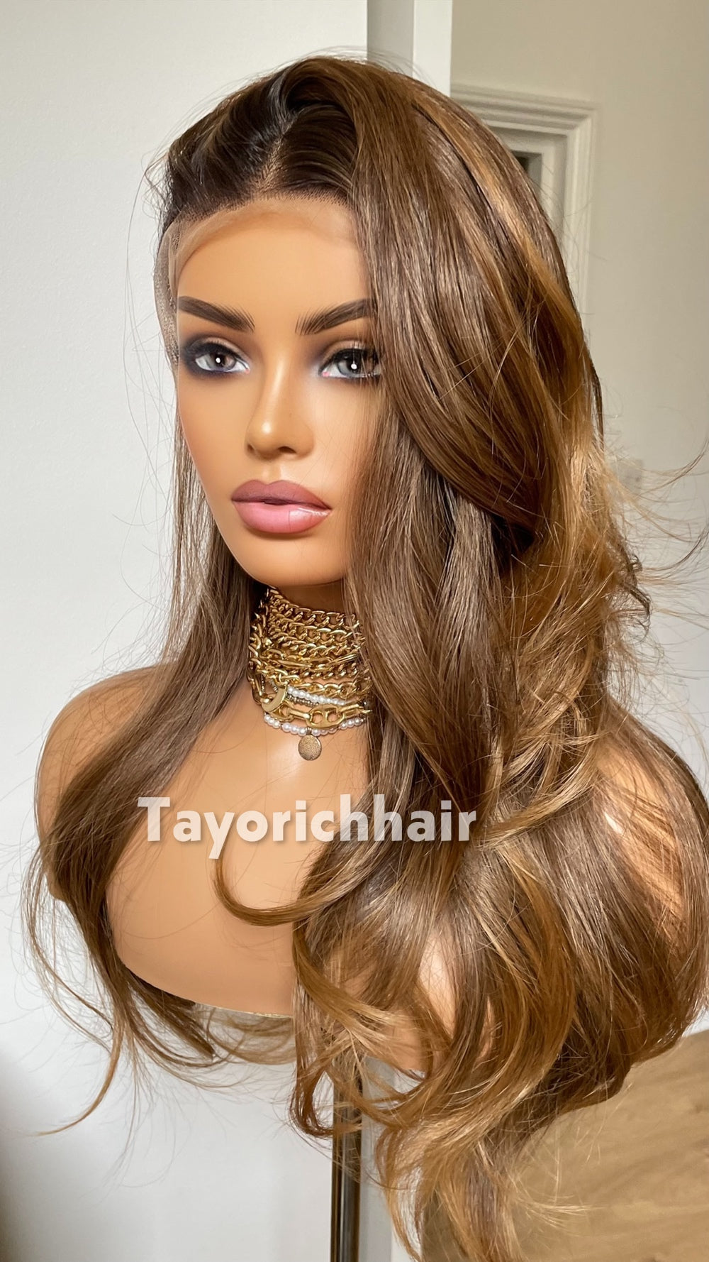 Mixed Caramel Brown Heat Safe Synthetic Lace Front Wig | 20” Wavy Wig | 13x4 Transparent Lace | Middle Part | Tayorichhair