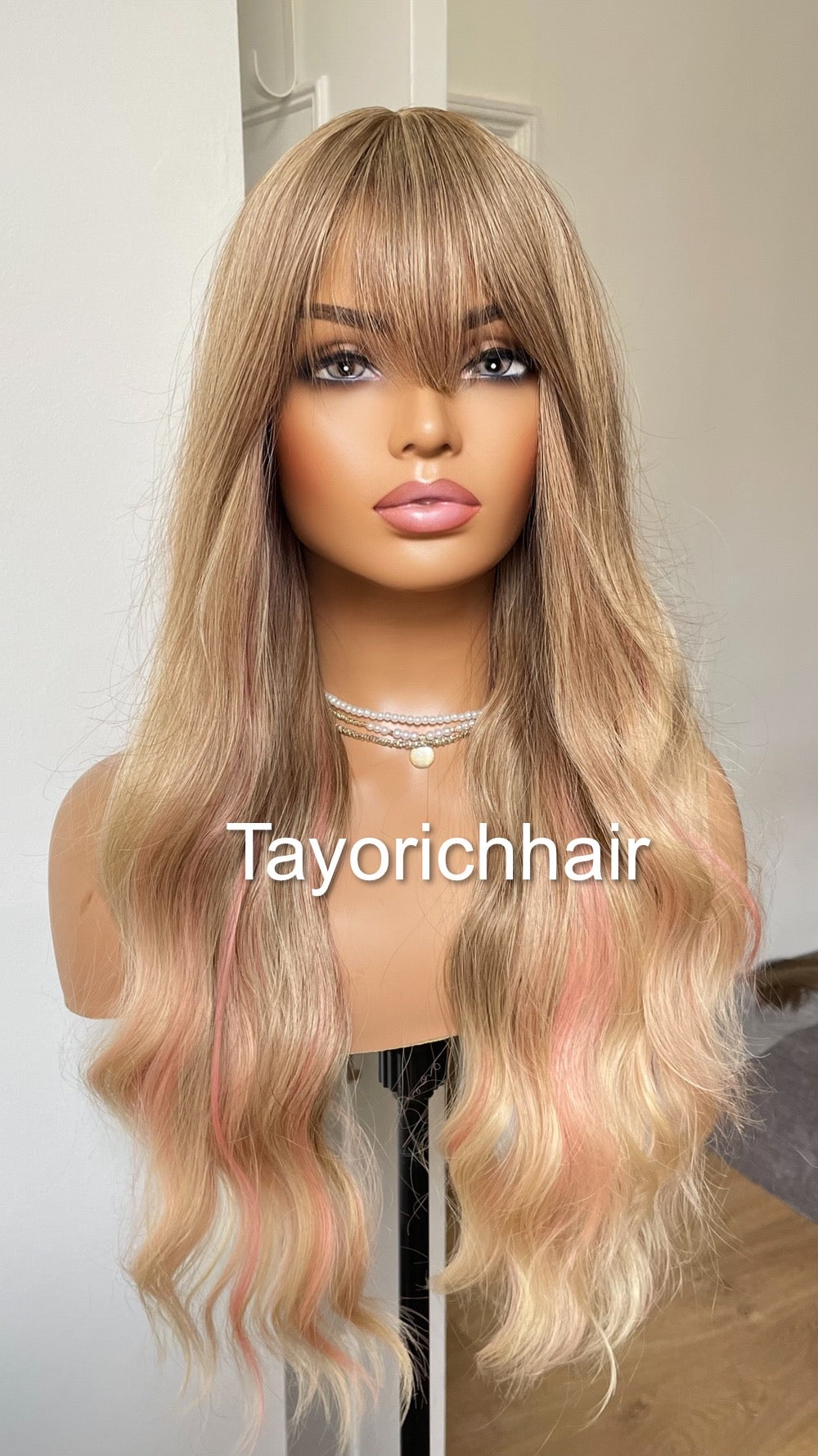 Ash blonde No Lace Wig With Bangs And Pink Streaks