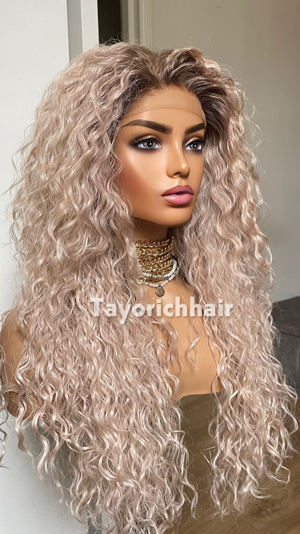 Pale Pink Curly Synthetic Lace Front Wig with Brown Roots – 22 Inch