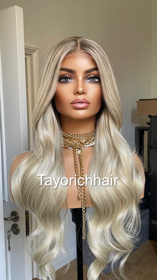 Platinum Blonde Lace Frontal Wig With Dark Ash Roots/Rooted Blonde Heat Friendly Synthetic Wig/ Blonde Bouncy Wavy Wig By Tayorichhair