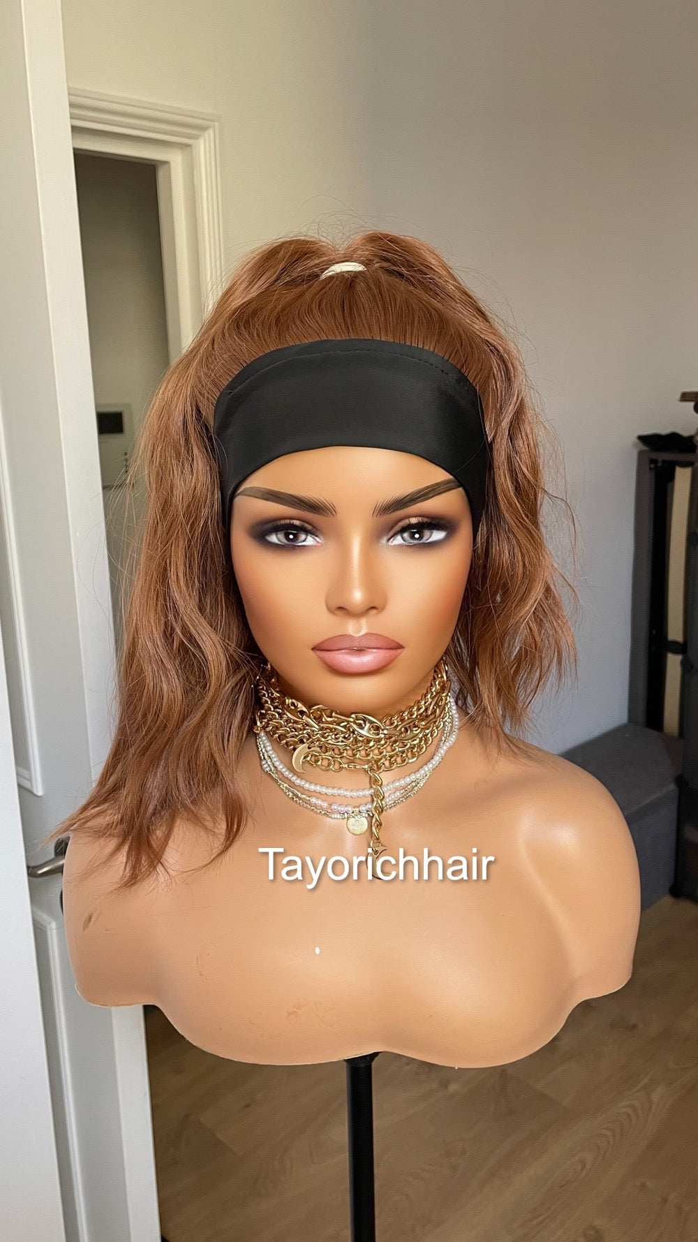 Auburn Ponytail Headbang Synthetic Wig/ No Lace Wig/ Auburn Brown Updo Heat Safe Synthetic Wig For Women/ Auburn Wavy Hair Wig