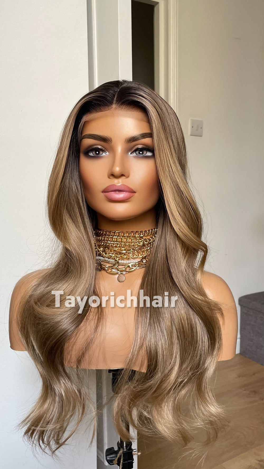 Dark Ash Brown Wig with Blonde Highlights & Black Roots | 20” Wavy