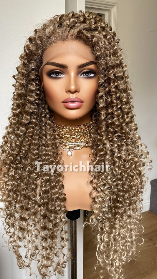 TayoRichHair | 24" Natural Ash Blonde Deep Spiral Curl Lace Front Wig (13x6 Lace)