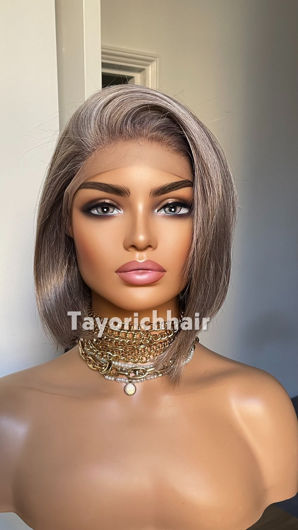 Grey Bob Wig | 10” Straight Heat-Safe Synthetic Lace Front Wig | Tayorichhair