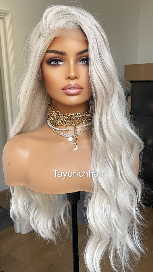 Platinum Blonde Lace Frontal Wig With 13 By 6 Lace/Ash White Heat Safe Synthetic Wigs For Women/Long Wavy Hair Blonde Wig By Tayorichhair