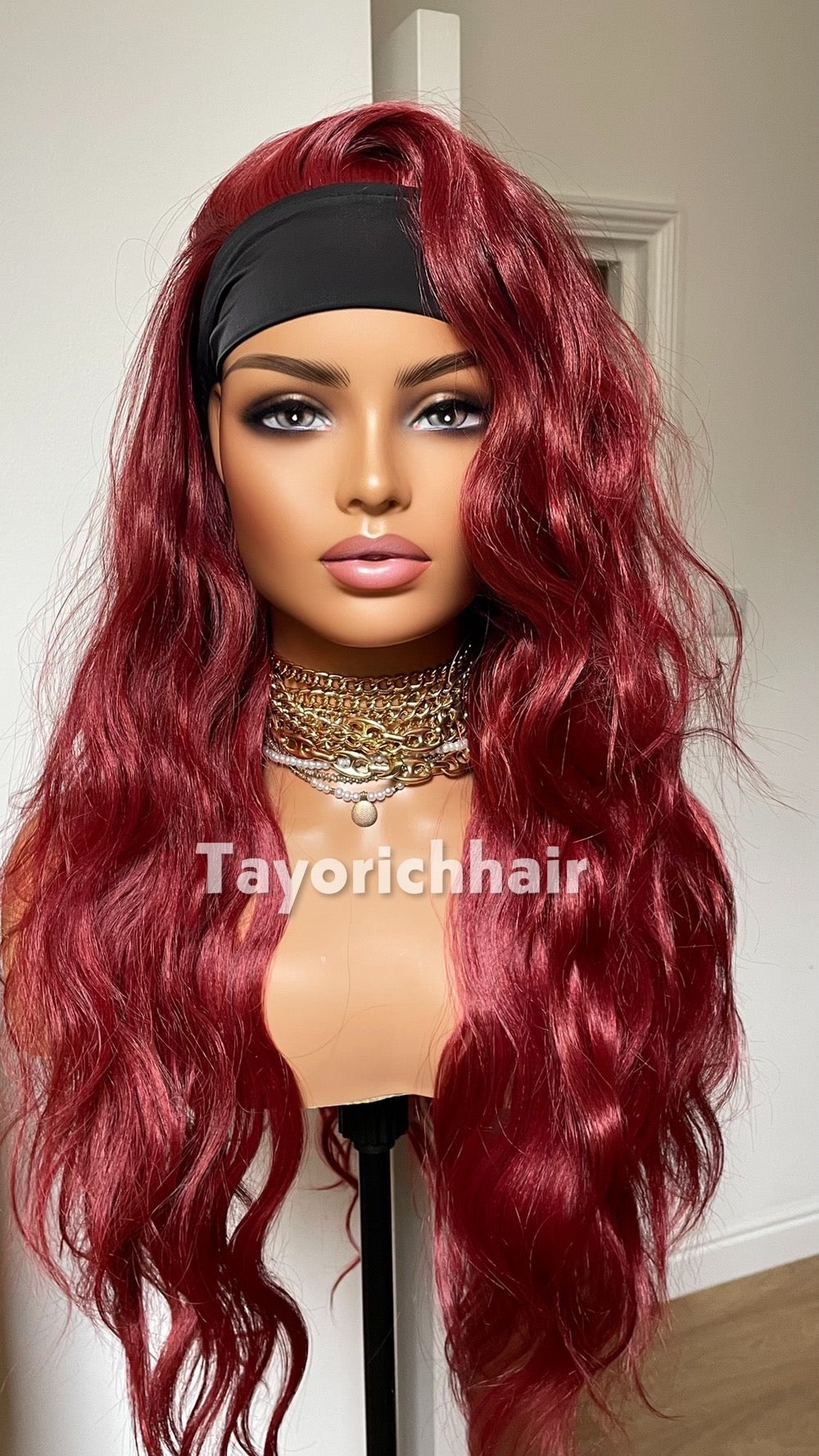 Deep Red Ponytail Wig: Heat-Friendly Synthetic Hair, 22-Inch Layered Waves
