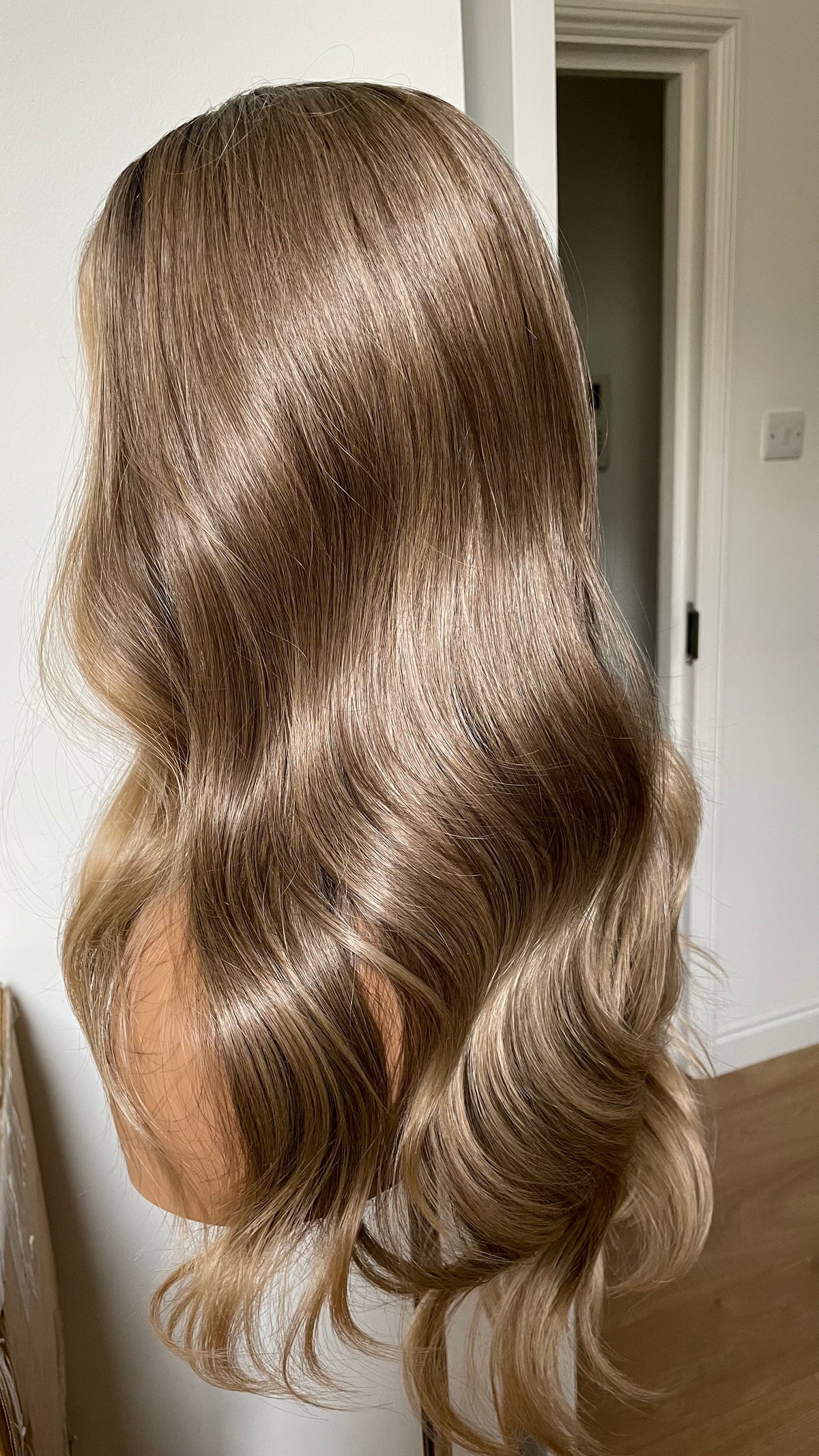 Dark Ash Brown Wig with Blonde Highlights & Black Roots | 20” Wavy