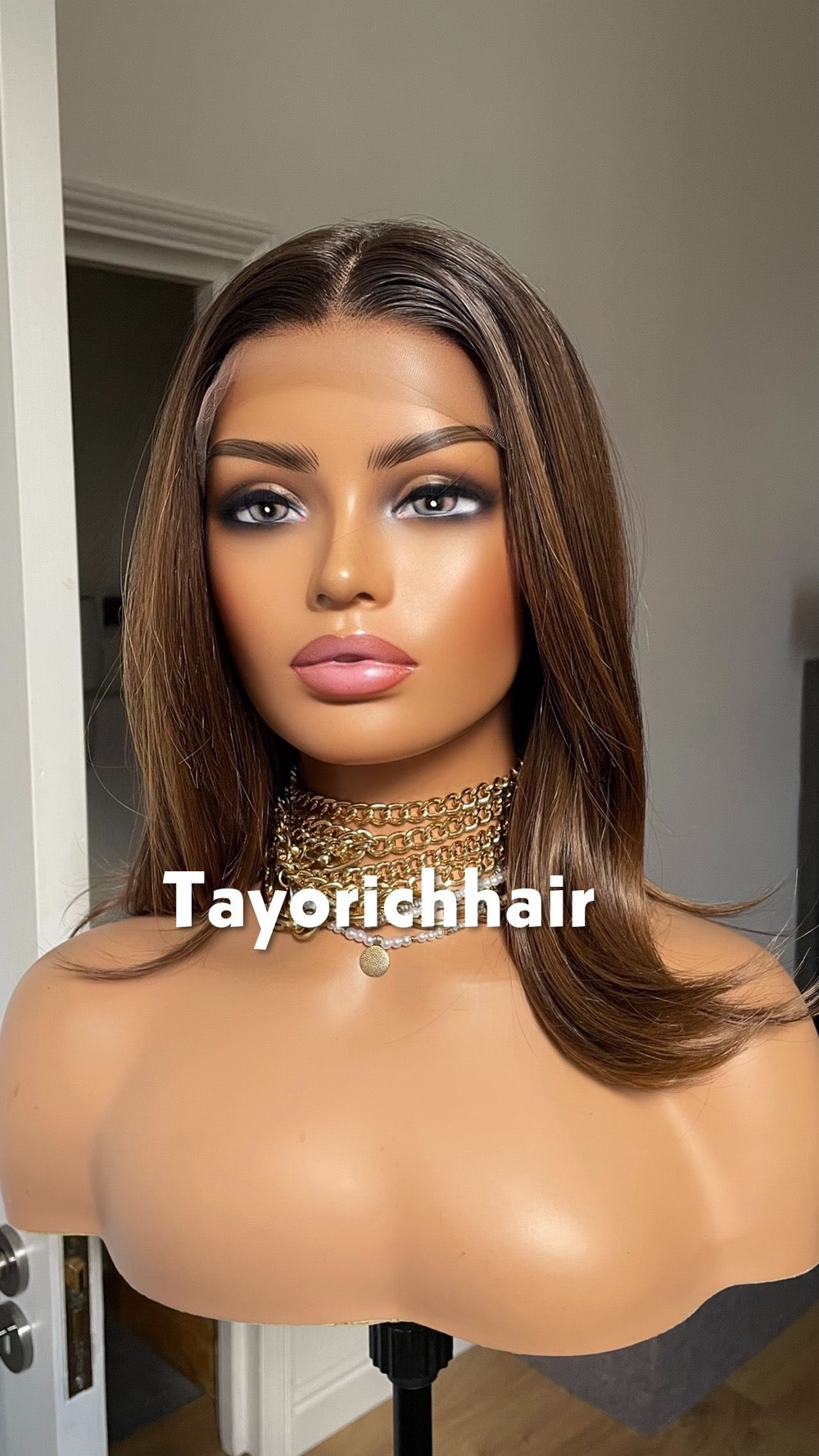 Brown 14-Inch Bob Wig With Highlights; Black Roots, 13by6 Lace Synthetic Wig
