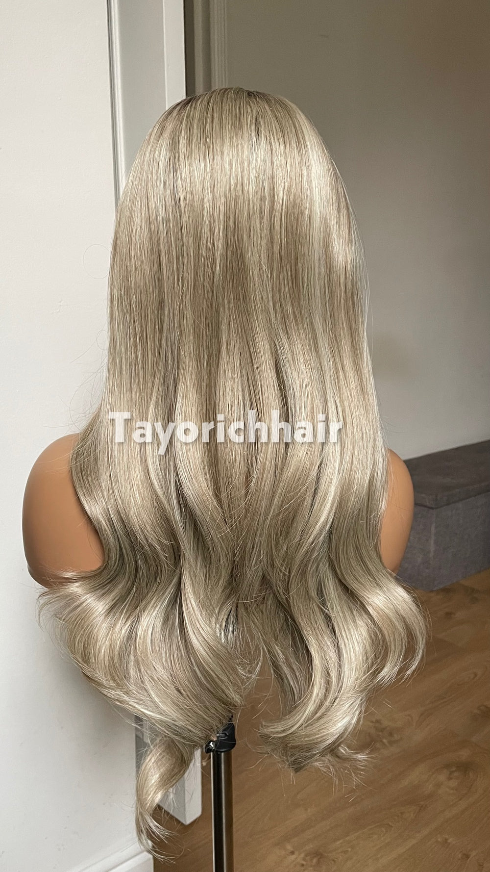 Dark Ash Blonde Synthetic Lace Front Wig with Black Roots & Money Piece Highlights – 18/20 Inch