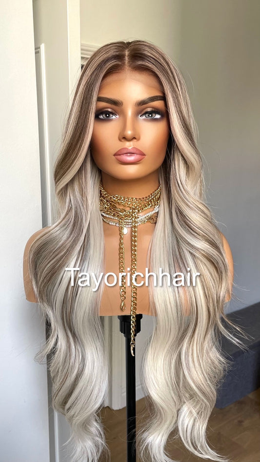 Blonde And Brown Mix Lace Wig/Heat Friendly Synthetic Wigs For Women/Platinum Blonde And Dark Brown Wavy Long Hair Wig By Tayorichhair