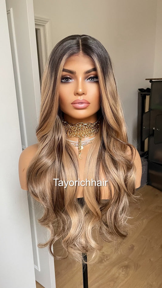 Blonde And Brown Mix Lace Frontal Wig With Dark Roots/ 24 Inches Wavy Hair Wig/ Heat Friendly Synthetic Wigs For Women Hairloss Alopecia