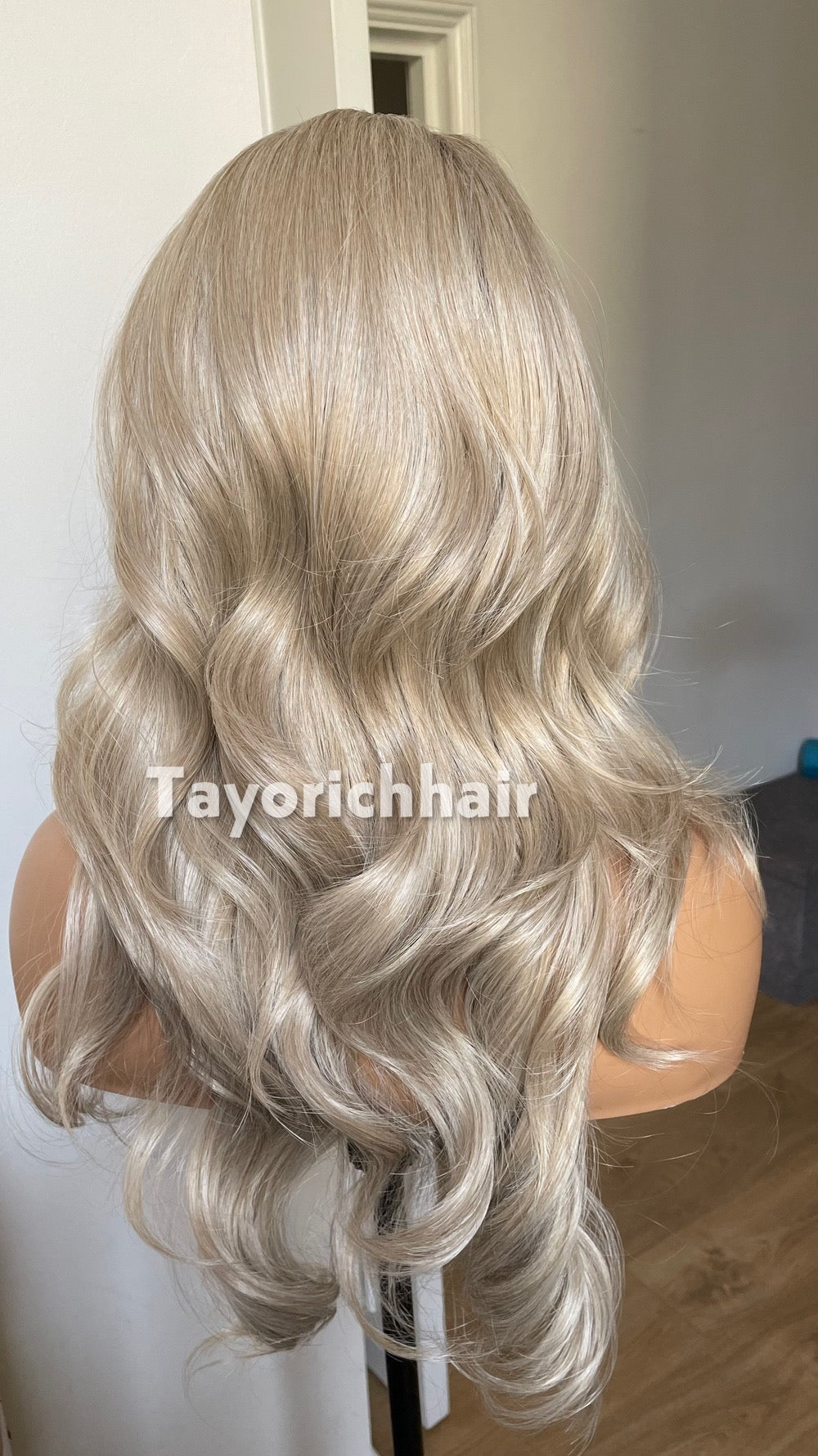 Ash Blonde Wig Lace Front Wig; Dark Roots, Highlights, Wavy Hair, Layered