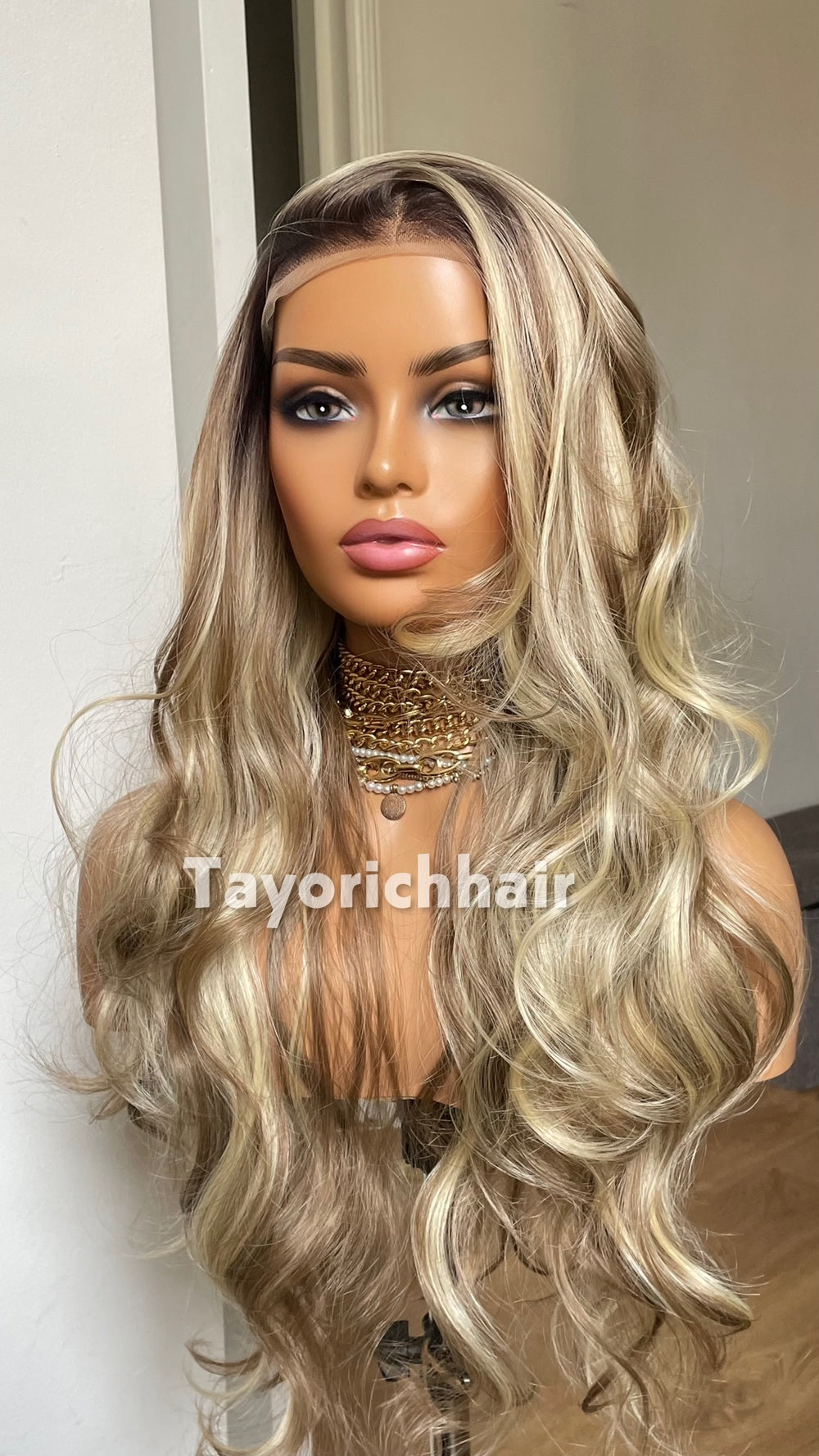 Mixed Blonde Synthetic Wig With Dark Root•Wavy Hair Lace Front Wig With 13x4 Lace•24 Inches Rooted Blonde Wig For Women•Middle Part Lace Wig