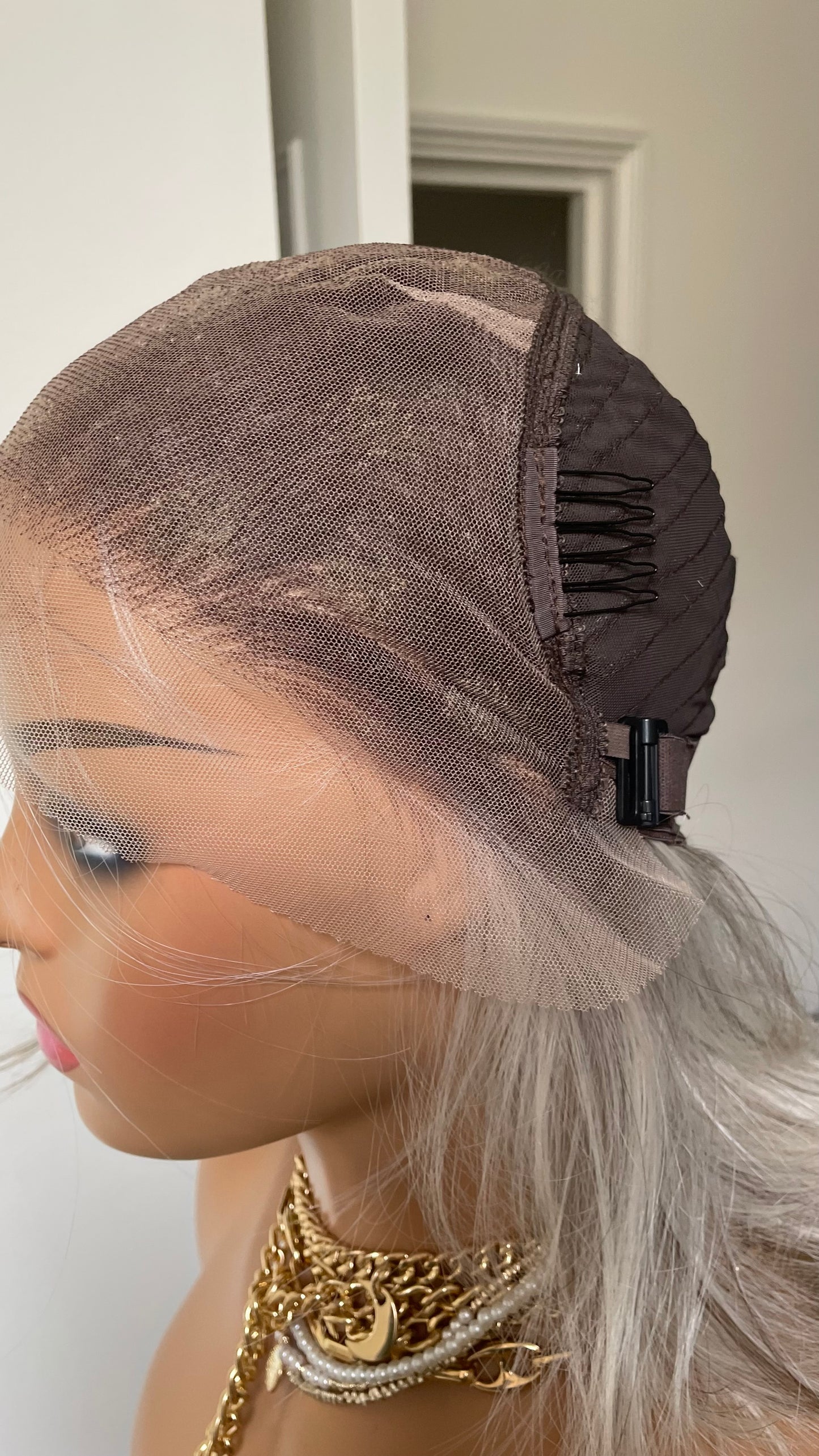 Salt and Pepper Short Bob Wig: Synthetic Lace Frontal, Brown Roots