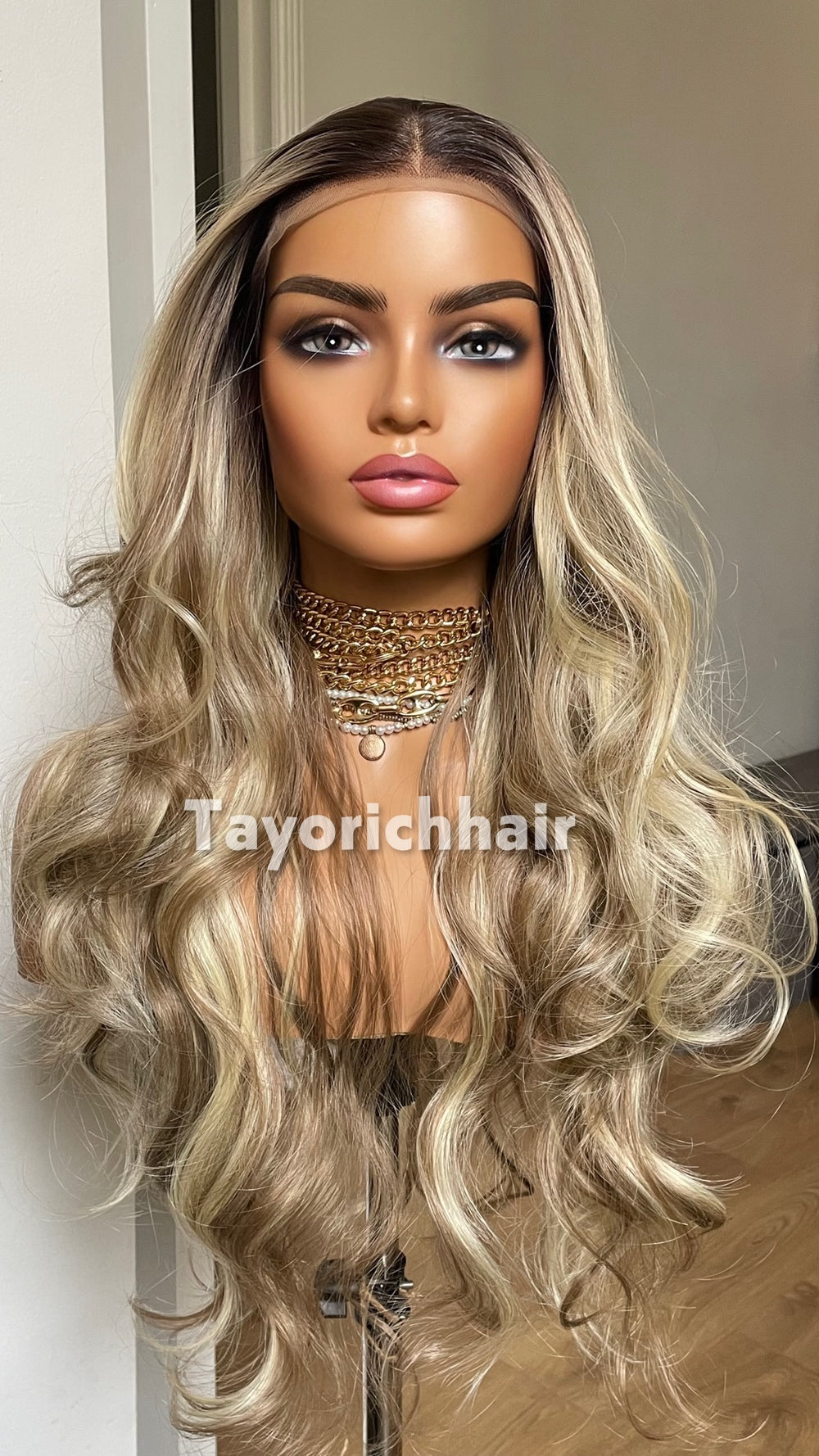 Mixed Blonde Synthetic Wig With Dark Root•Wavy Hair Lace Front Wig With 13x4 Lace•24 Inches Rooted Blonde Wig For Women•Middle Part Lace Wig