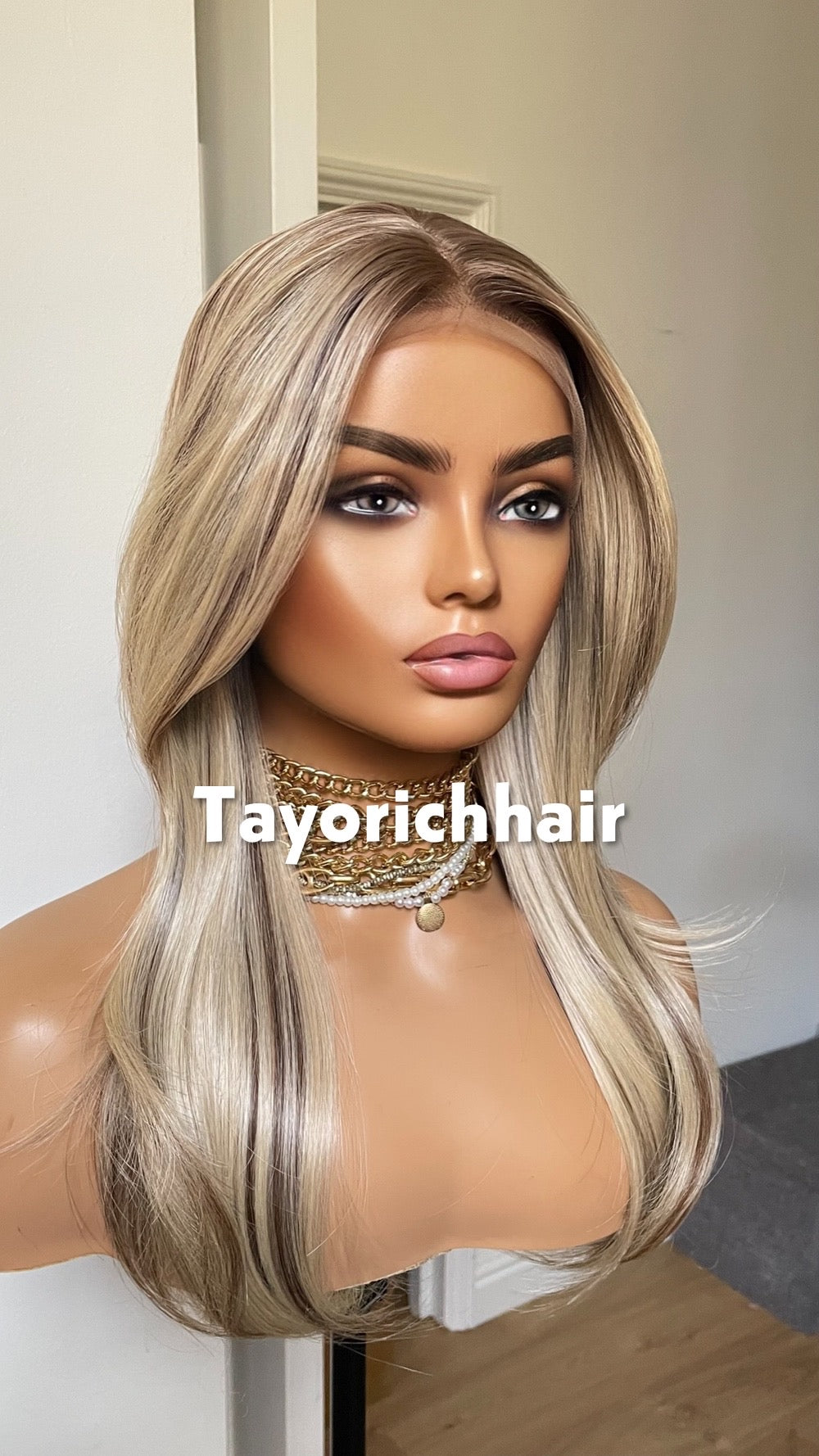Sunkissed Blonde With Brown Highlights Wig; Lace Frontal Synthetic Wig, 16 Inches, Low Density Wig