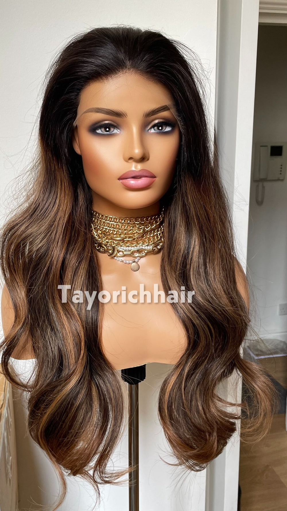 Black Human Hair Lace Front Wig with Blonde Highlights | 24” Wavy HD Lace Wig | 13x4 Glueless Wig | 100% Human Hair | Tayorichhair