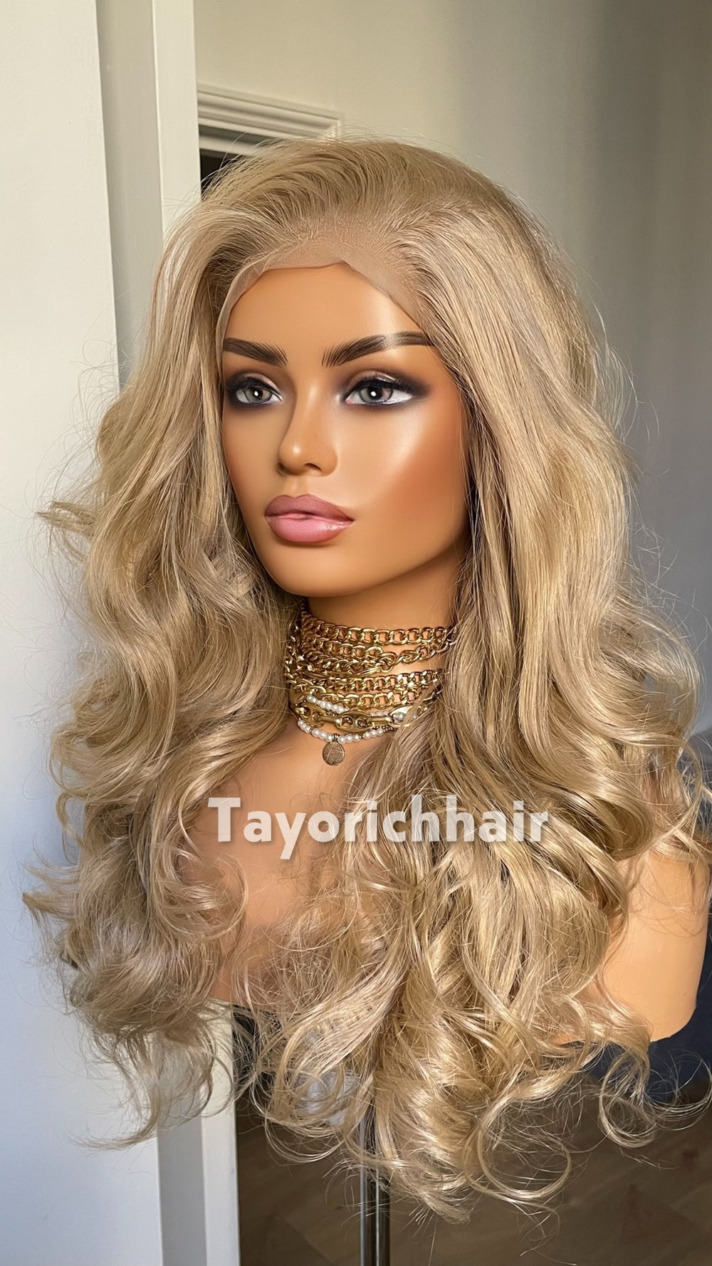 Natural Ash Blonde Spiral Curly Wig | 16” Heat Safe Synthetic Lace Front Wig | 13x6 Transparent Lace | Free Part | Vintage Hollywood Elegance | Tayorichhair