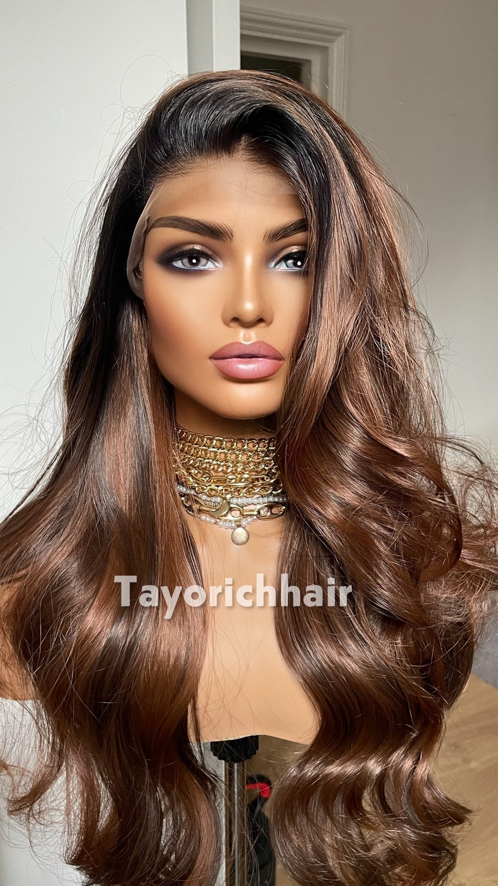 Tayorichhair 26-Inch Mahogany Brown & Black Bouncy Wavy Synthetic Wig – Black Roots, 13x4 Transparent Lace Front, Medium Cap Daily Wear Unit