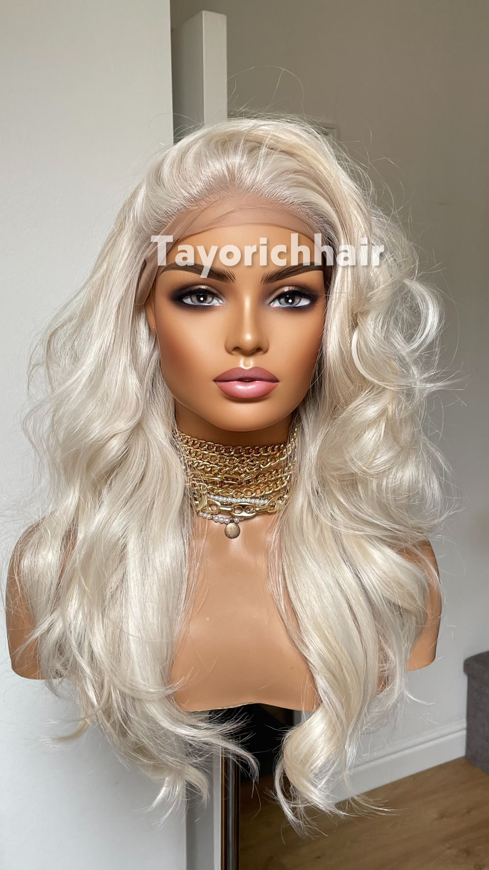 Tayorichhair Premium 16" Heat-Safe Synthetic Hair Wig – Platinum Blonde with Mild Lowlights, Pre-Plucked 13x6 Deep Lace Front (Free Parting)